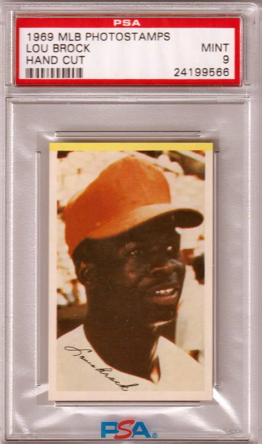 Graded Lou Brock baseball card from MLB Photostamps featuring Lou Brock by Columbia Hobby