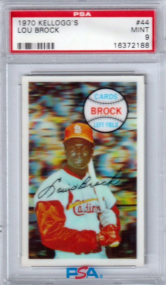 Graded Lou Brock baseball card from Columbia Hobby featuring 1970 Kellogg’s #44 PSA 9 Mint