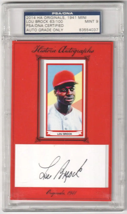 Lou Brock autographed baseball card from Columbia Hobby featuring ESPN magazine covers