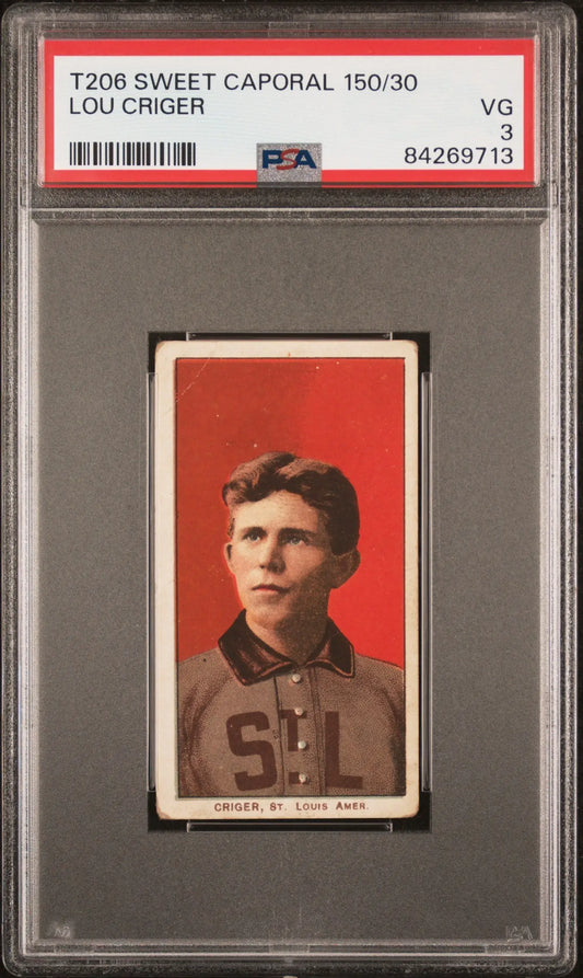 PSA-graded Lou Criger 1909-11 T206 Sweet Caporal baseball card in protective case