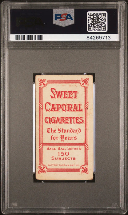 PSA-graded Lou Criger 1909-11 T206 Sweet Caporal cigarette card with red text