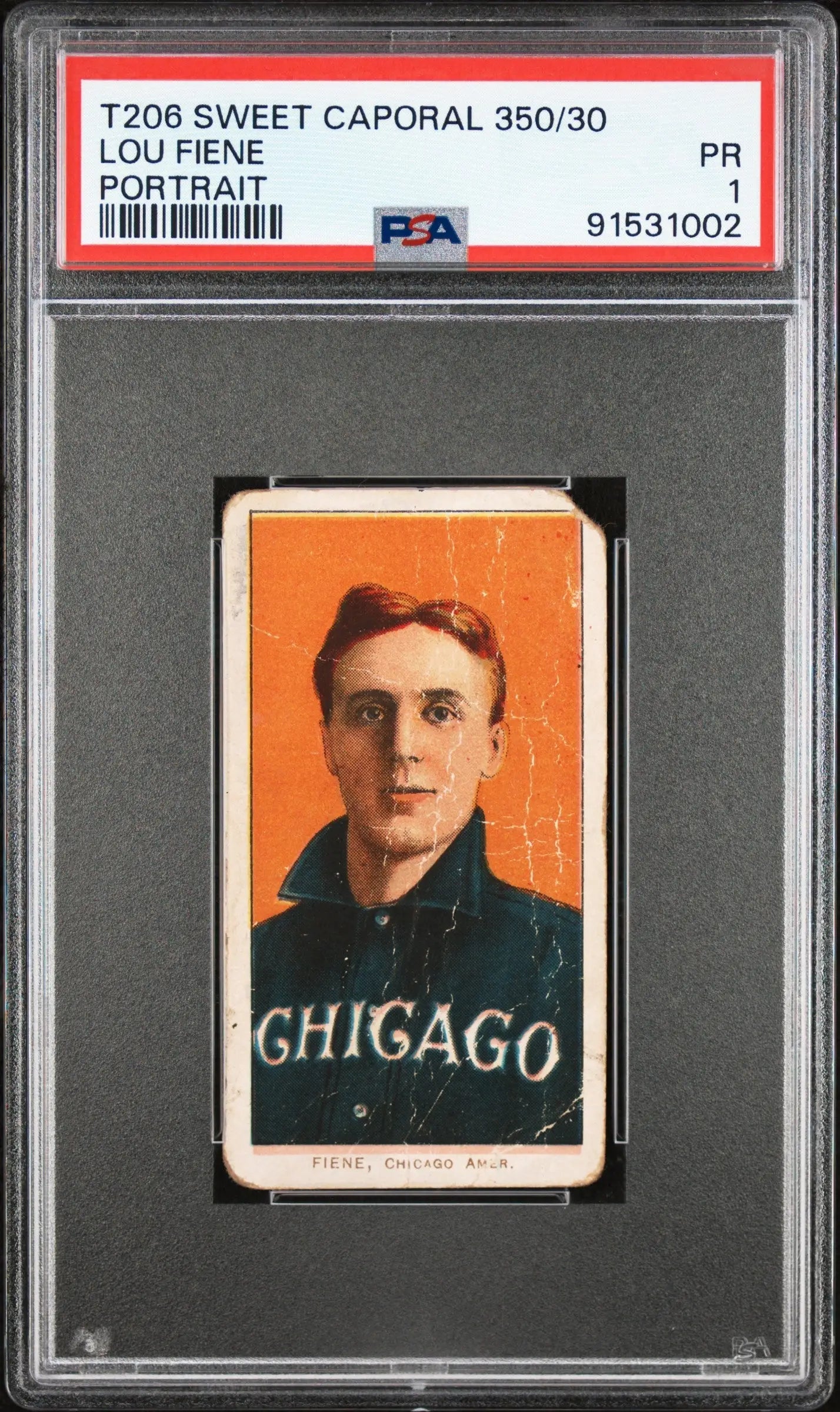 PSA-graded Lou Fiene T206 Sweet Caporal card in dark Chicago uniform on orange background