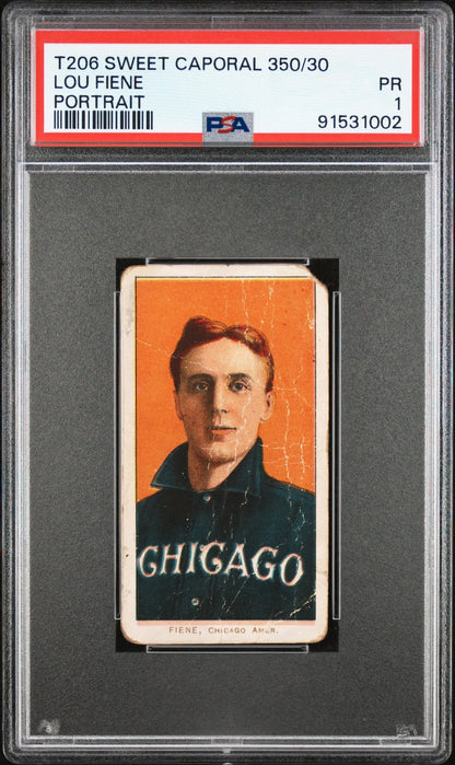 PSA-graded Lou Fiene T206 Sweet Caporal card in dark Chicago uniform on orange background