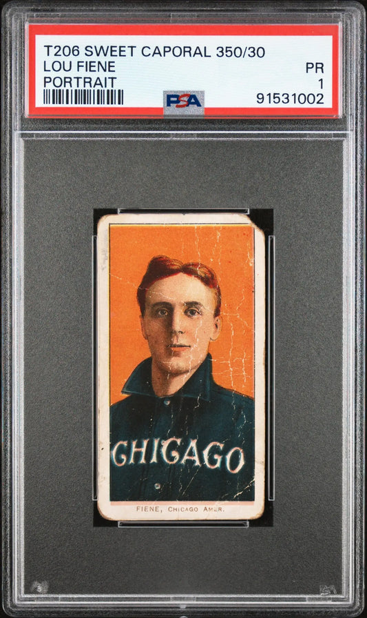 PSA-graded Lou Fiene T206 Sweet Caporal card in dark Chicago uniform on orange background