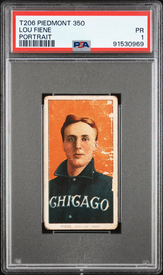 Lou Fiene Portrait 1909-11 T206 Piedmont 350 baseball card with dark jersey, orange background
