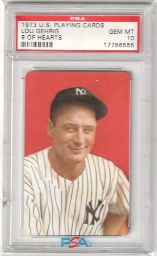 Graded Lou Gehrig playing card from Columbia Hobby, gem mint Yankees, 9 of Hearts PSA 10
