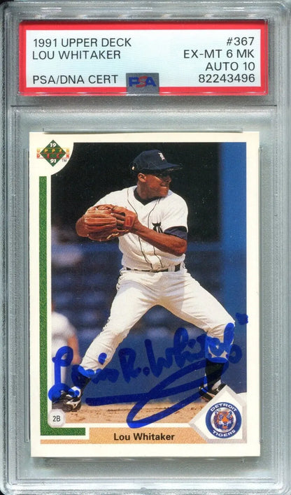 Graded Lou Whitaker Upper Deck trading card with PSA/DNA autograph and Tigers inscription