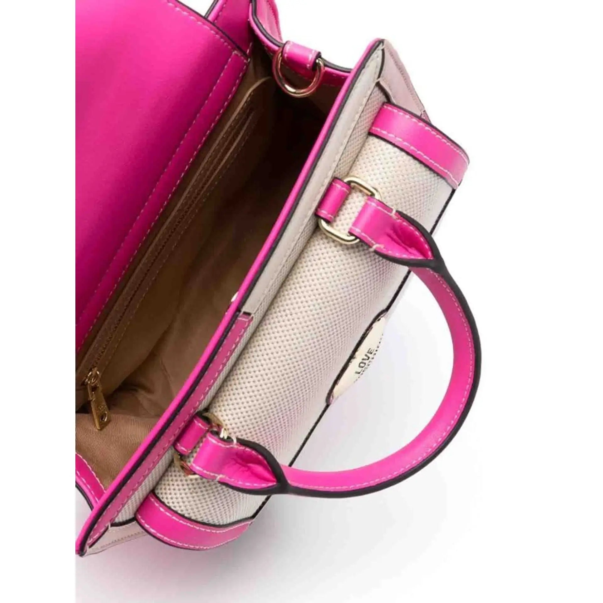Love Moschino handbag with fuchsia and beige canvas, top handle, and shoulder strap