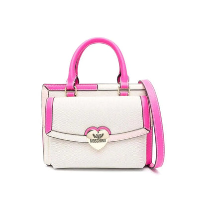 White and pink canvas Love Moschino handbag with shoulder strap and heart-shaped clasp