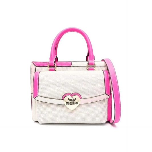 White and pink canvas Love Moschino handbag with shoulder strap and heart-shaped clasp