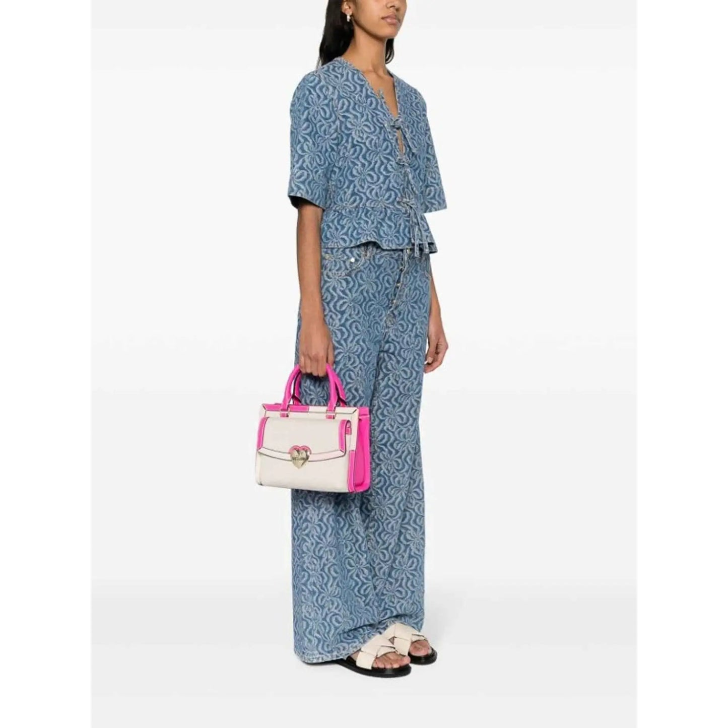 Love Moschino Handbags white and pink top-handle bag with gold-tone heart clasp and shoulder strap