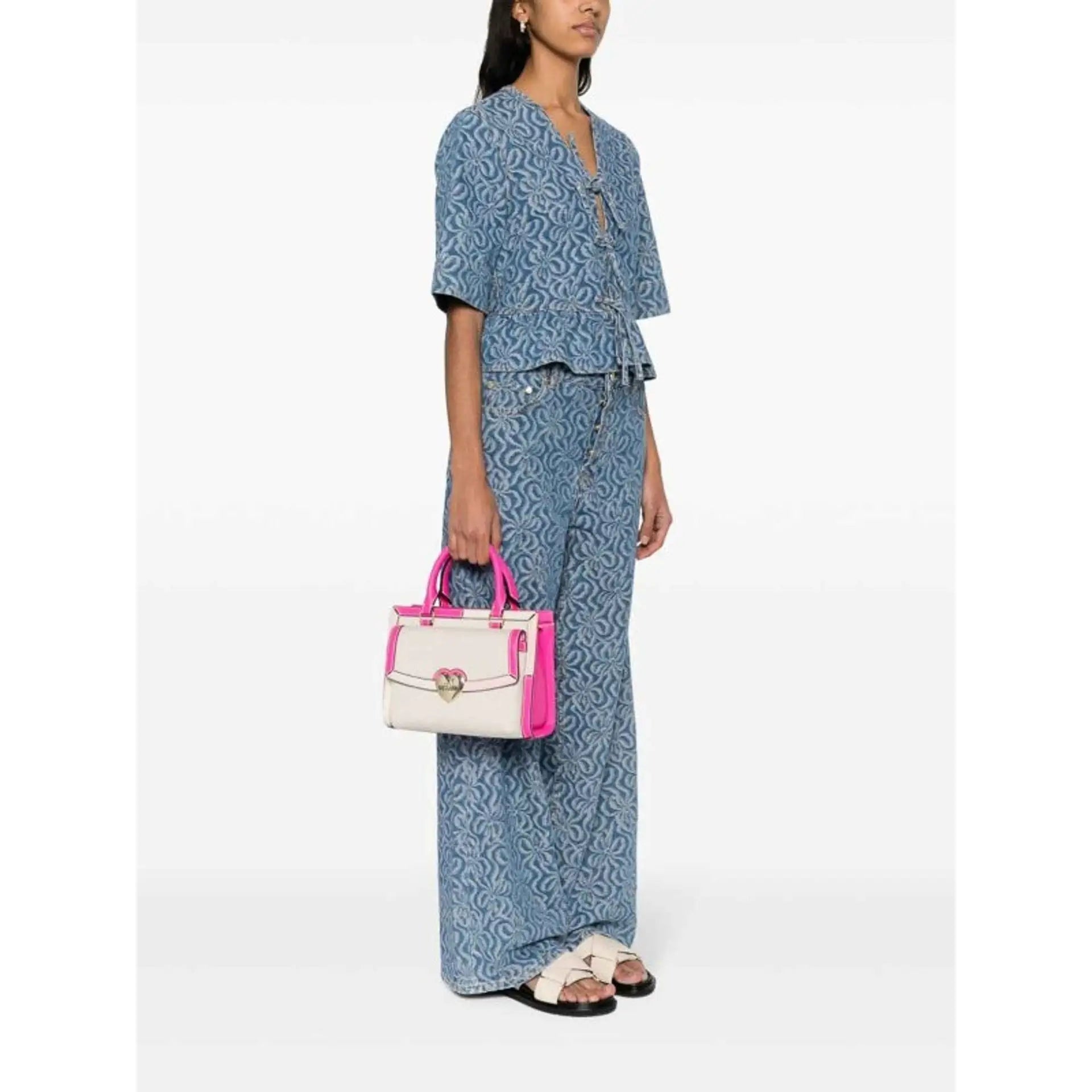 Love Moschino Handbags white and pink top-handle bag with gold-tone heart clasp and shoulder strap