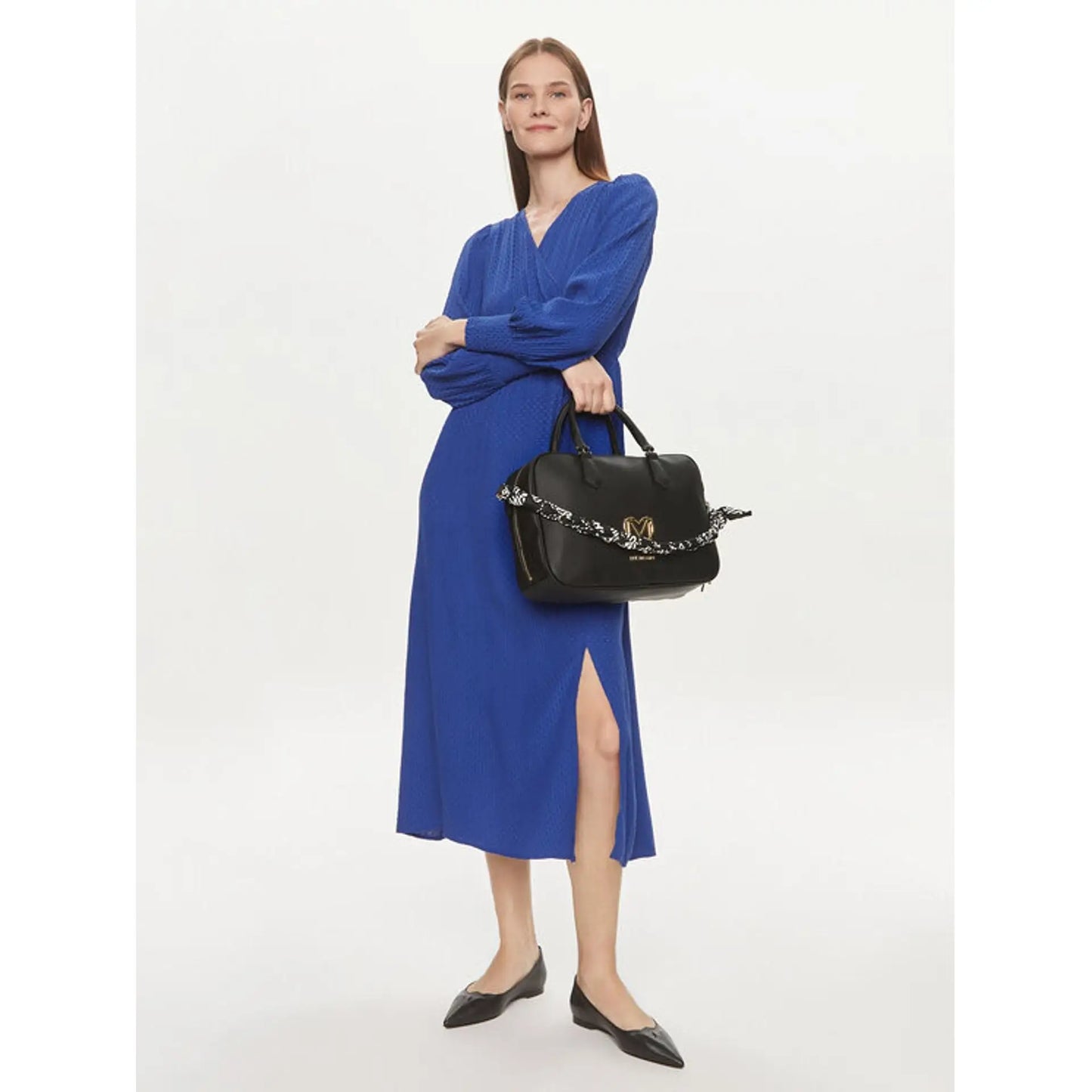 Women’s royal blue midi dress with long sleeves and side slit from Love Moschino featuring a removable shoulder strap