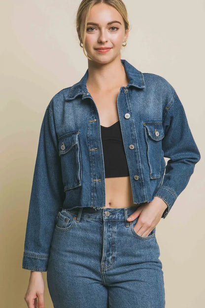 Love Tree Raw Hem Button Up Cropped Denim Jacket in dark blue with raw hem detailing