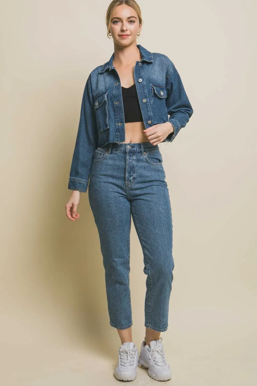 Love Tree Raw Hem Button Up Cropped Denim Jacket with high-waisted medium wash jeans