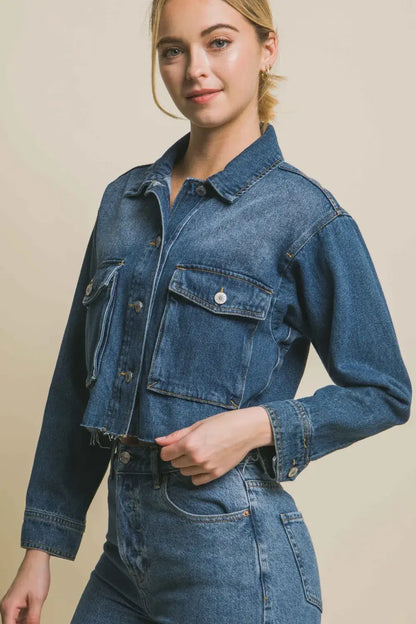 Love Tree Raw Hem Button Up Cropped Denim Jacket with frayed edges in dark blue