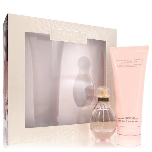 Pink perfume gift set with lotion and fragrance bottle featuring Sarah Jessica Parker style