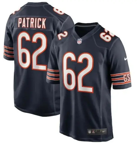 Dark blue Lucas Patrick Chicago Bears Nike Game Jersey with number 62 and PATRICK on back