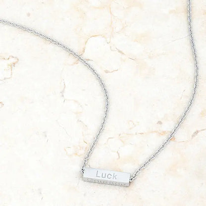 Luck Rhodium Stainless Steel Bar Script Necklace - Necklace