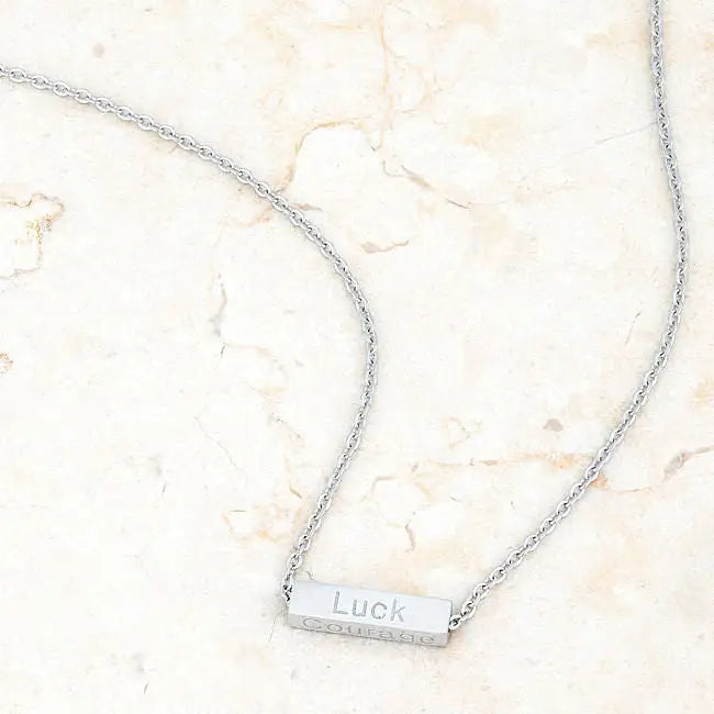 Luck Rhodium Stainless Steel Bar Script Necklace - Necklaces