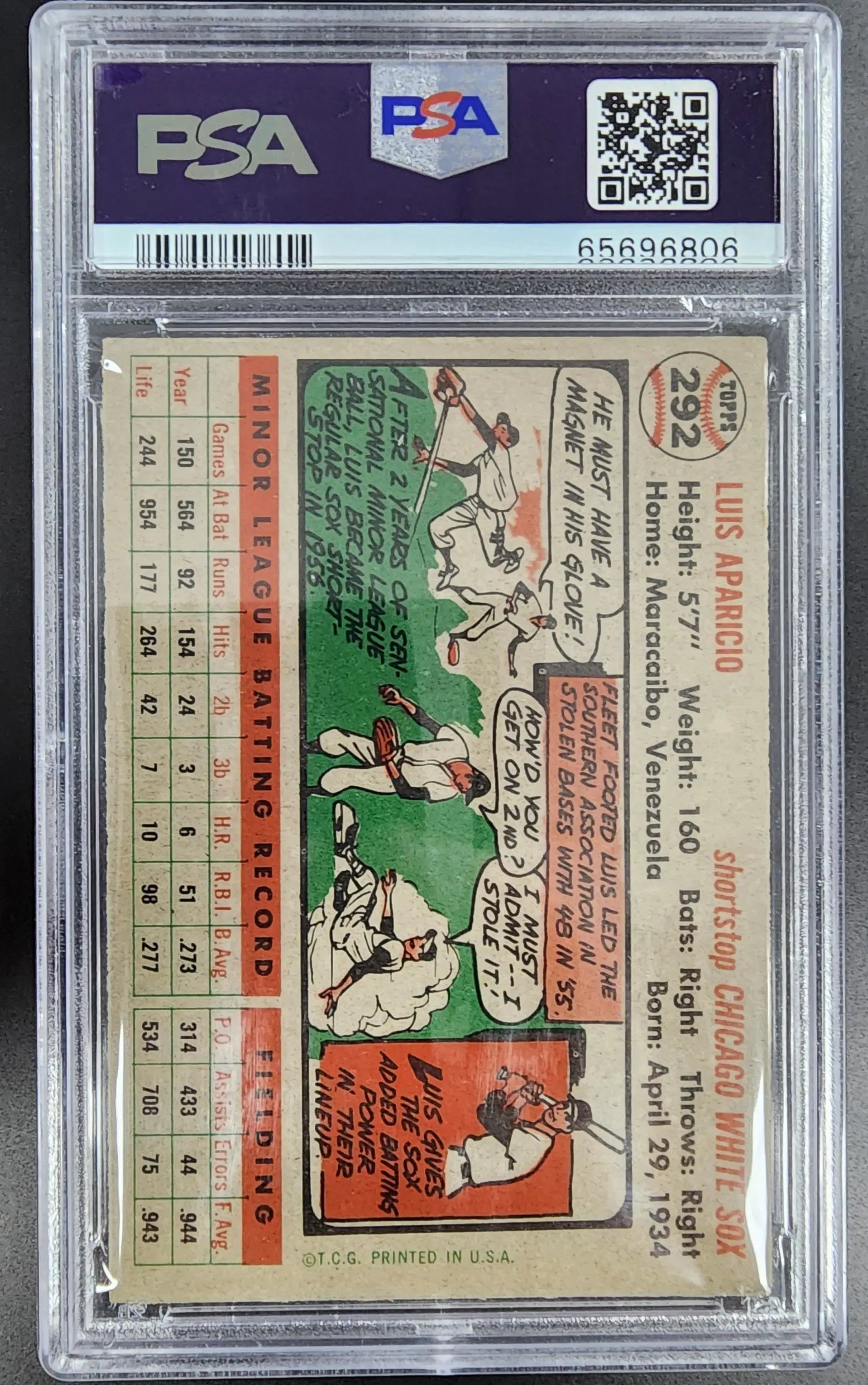Luis Aparicio 1956 Topps #292 PSA 6 EX-MINT trading card with cartoon-style illustrations