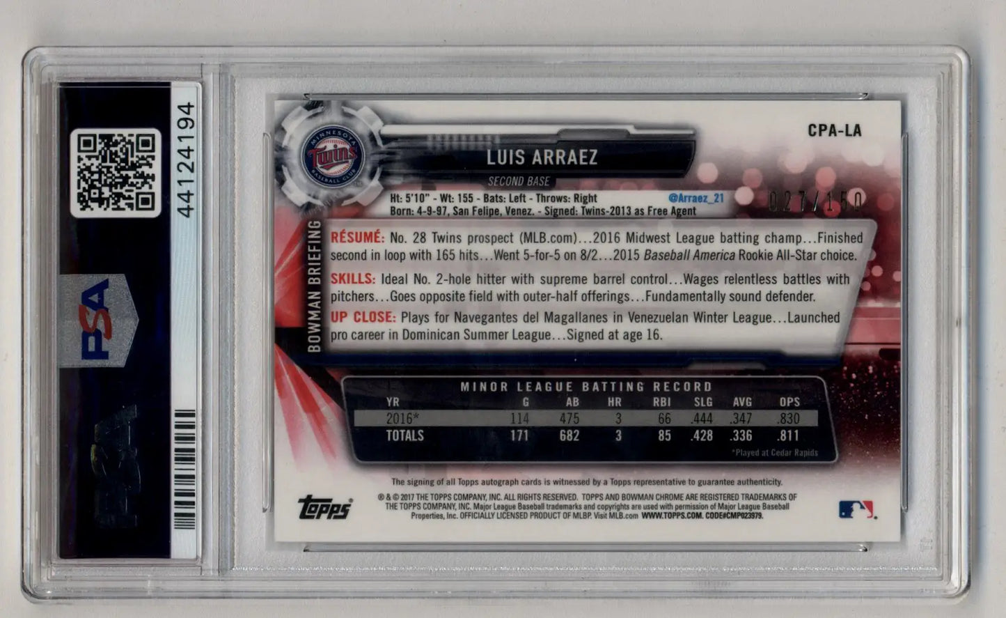 Luis Arraez prospect auto blue refractor baseball trading card PSA 10 Gem Mint