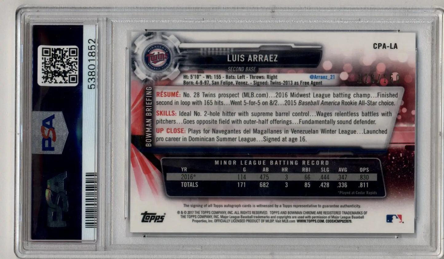 Graded Luis Arraez Bowman Chrome Prospect Auto Blue Refractor baseball card PSA 10