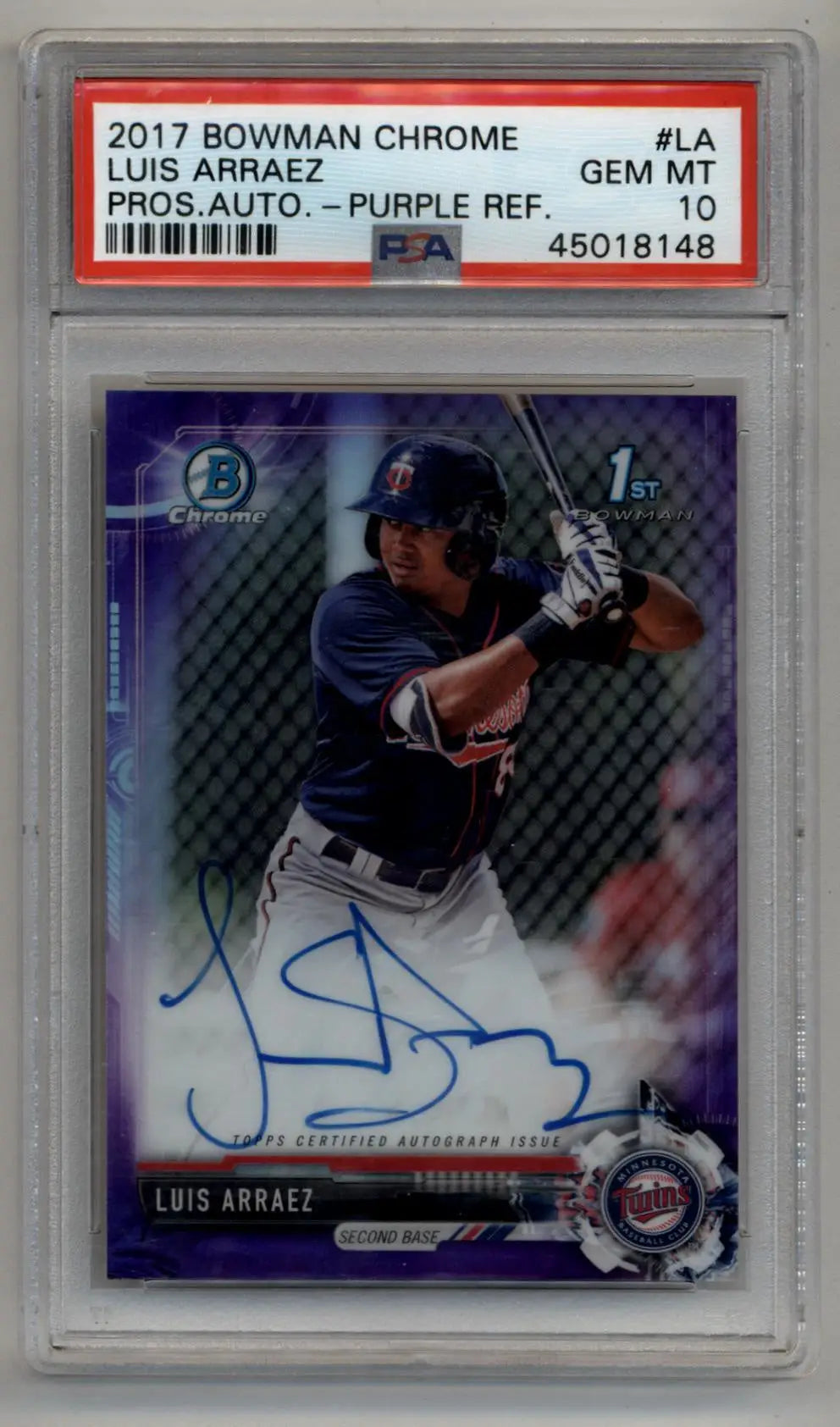 PSA-graded Luis Arraez Bowman Chrome purple refractor autographed baseball card 181/250