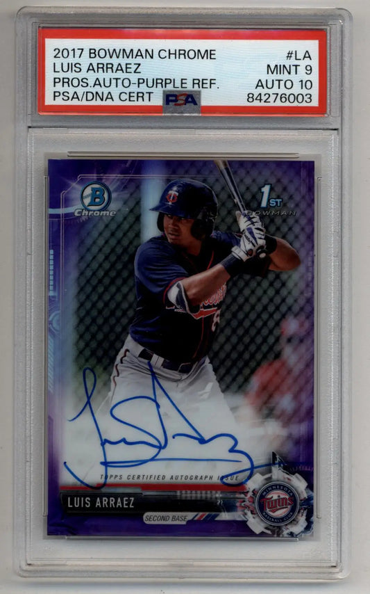Luis Arraez 2017 Bowman Chrome Purple Refractor Auto PSA 9 Mint Auto 10 card
