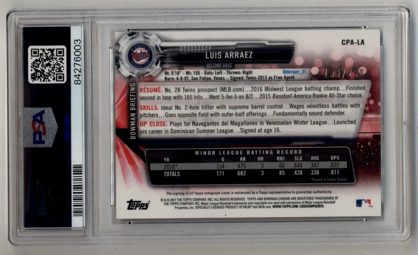 Luis Arraez 2017 Bowman Chrome Prospect Purple Refractor Auto PSA 9 Mint Auto 10
