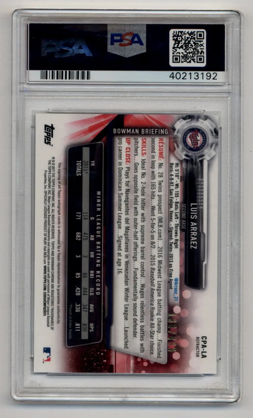 Graded Luis Arraez Bowman Chrome Prospects refractor auto card PSA 10 Gem Mint