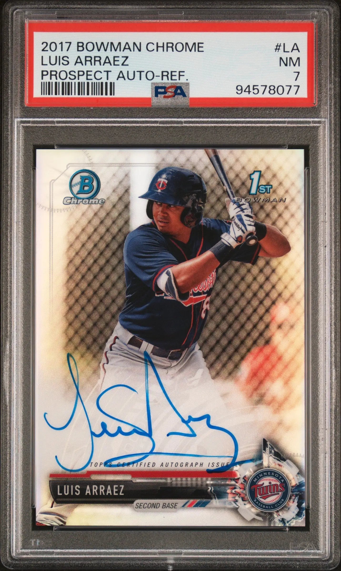 PSA-graded Luis Arraez 2017 Bowman Chrome Refractor Auto in Twins uniform