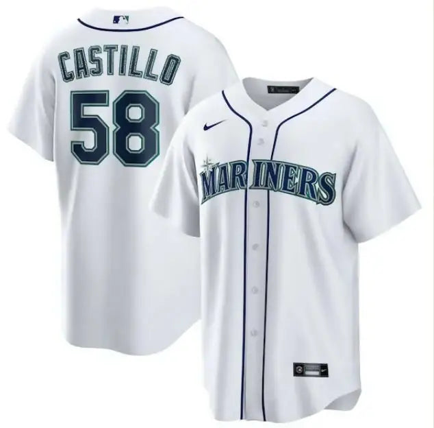 White Seattle Mariners baseball jersey from Luis Castillo Nike Home Replica collection