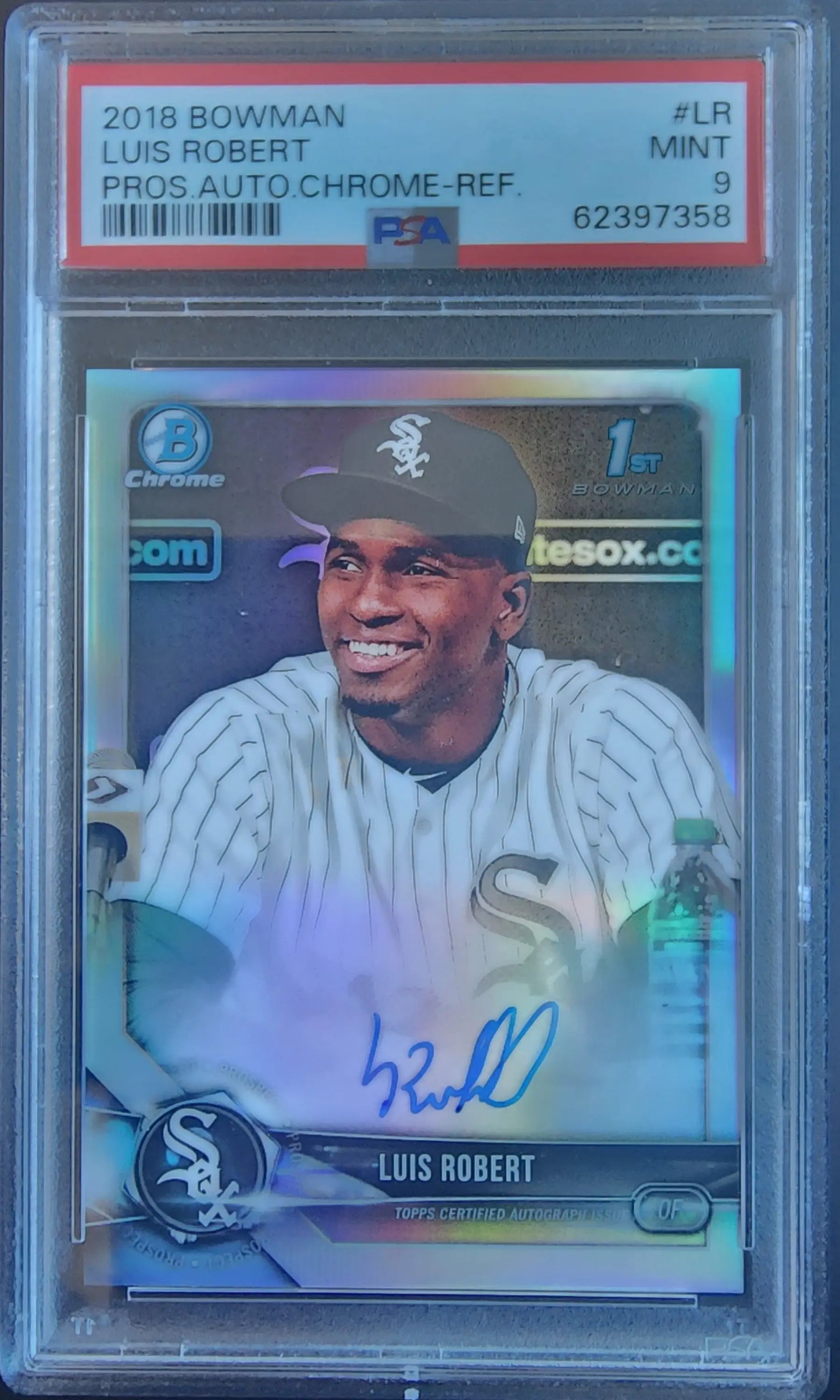 PSA-graded Luis Robert 2018 Bowman Chrome Refractor Auto featuring holographic design
