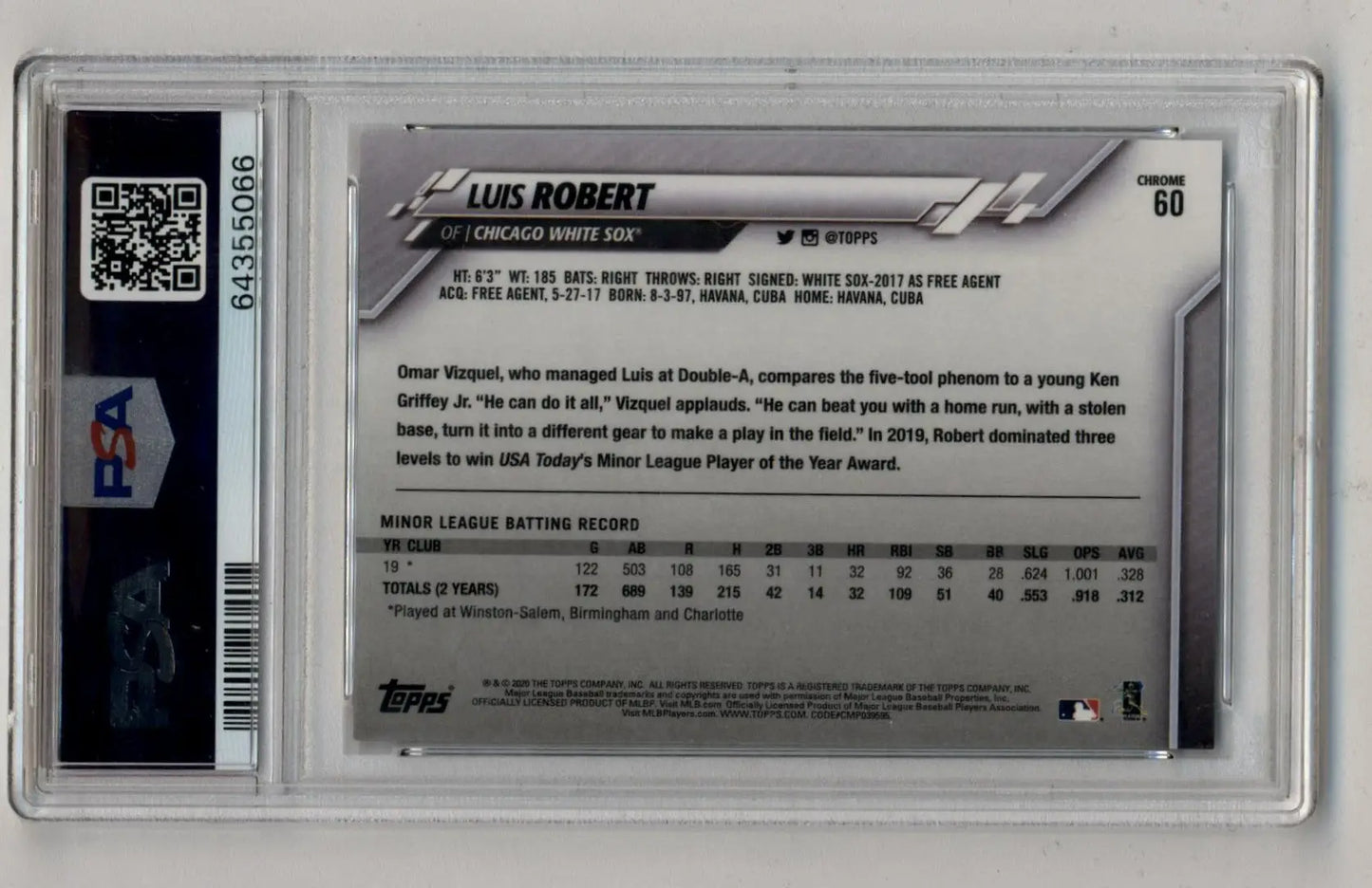 Luis Robert Topps Chrome Negative Refractor baseball card PSA 10 Gem Mint