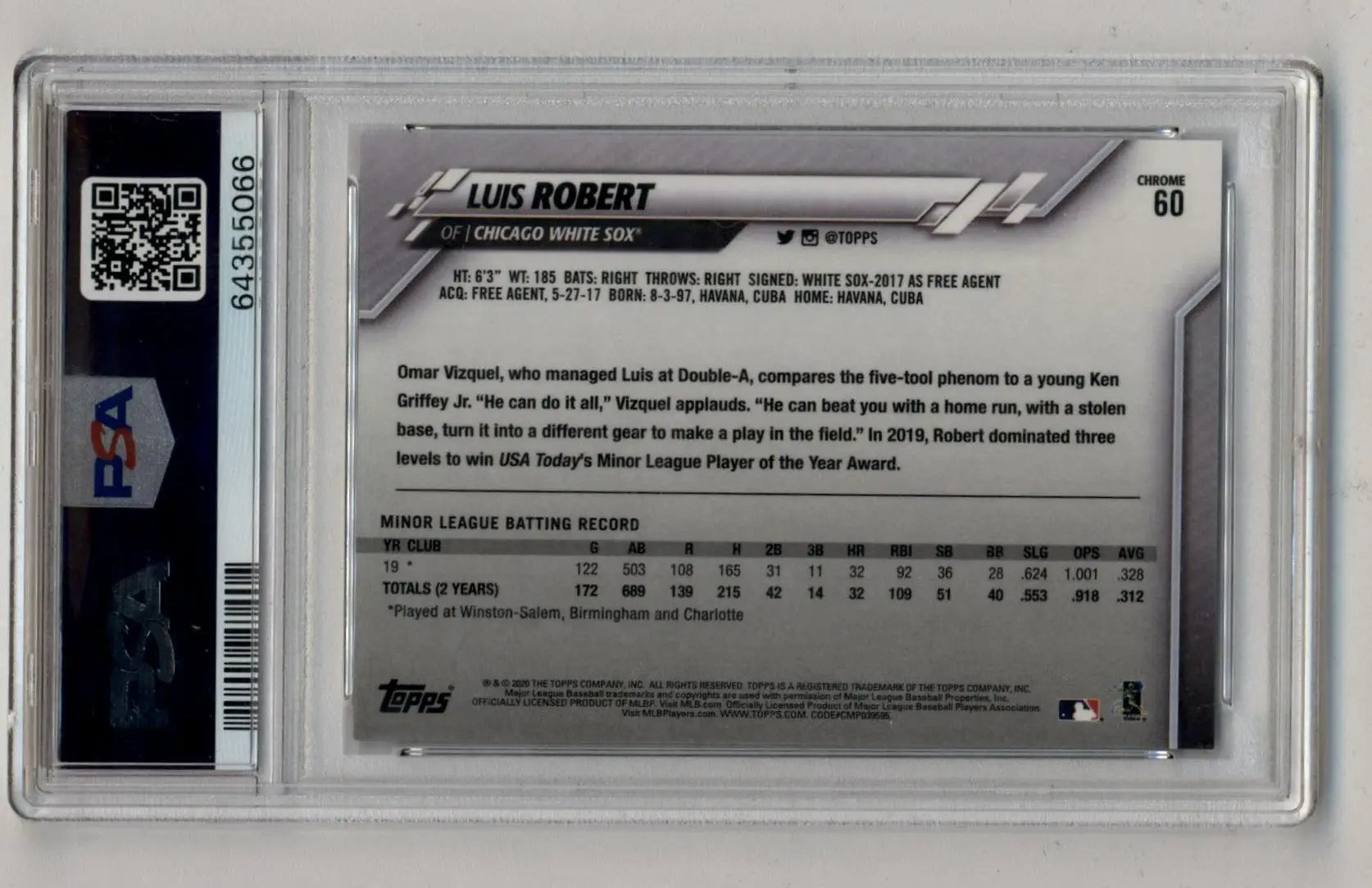 Luis Robert Topps Chrome Negative Refractor baseball card PSA 10 Gem Mint