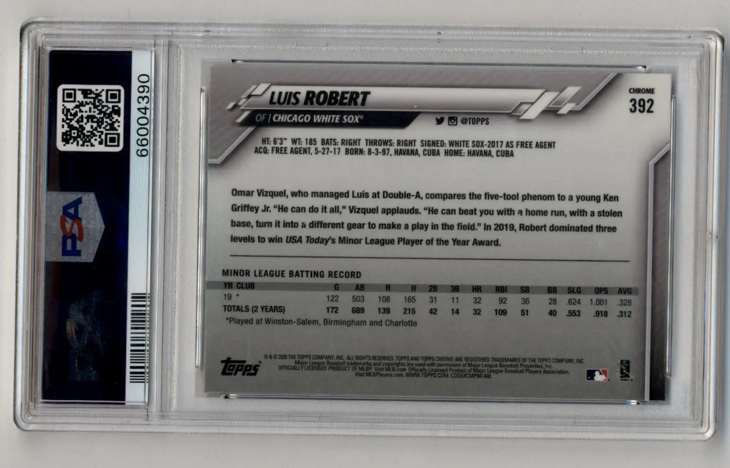 Encapsulated Luis Robert 2020 Topps Chrome Sapphire baseball trading card PSA 10