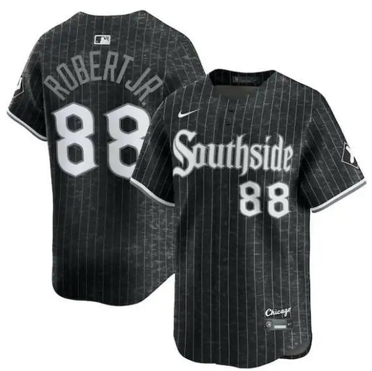 Black and white pinstripe Chicago White Sox Nike City Connect limited jersey for Luis Robert Jr