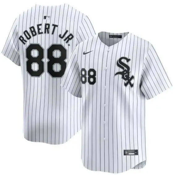 White pinstripe baseball jersey from Luis Robert Jr. Chicago White Sox Nike Home Limited Player Jersey