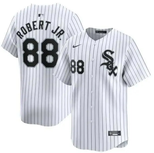 White pinstripe baseball jersey from Luis Robert Jr. Chicago White Sox Nike Home Limited Player Jersey