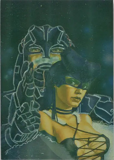 Stylized portrait with ethereal figure in teal and yellow from Heavy Metal Chase Card