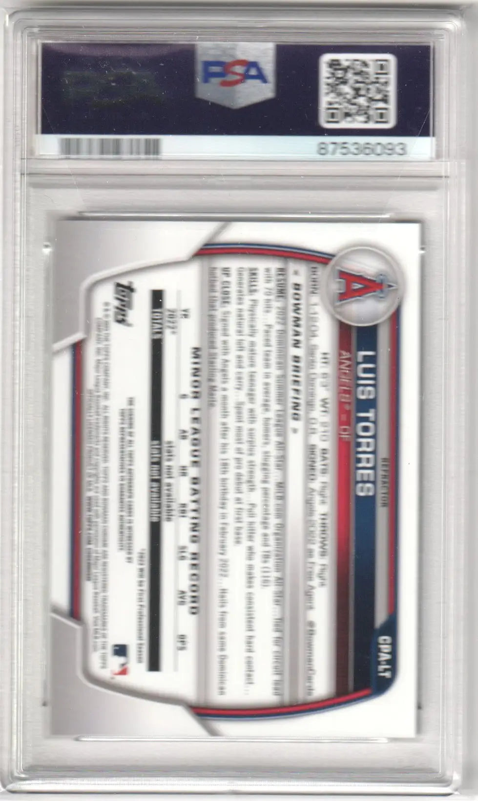 Graded Luis Torres baseball card from Bowman Chrome Prospect series at Columbia Hobby