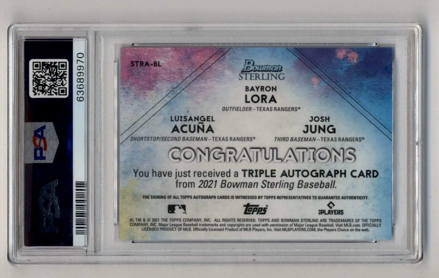 Sterling triple refractor auto card featuring Luisangel Acuna, Bayron Lora, and Josh Jung from Bowman Sterling 2021