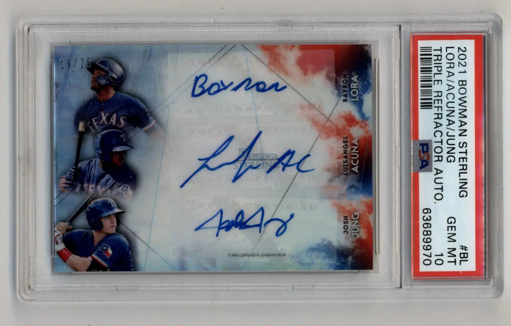 Baseball trading card featuring Luisangel Acuna, Bayron Lora, Josh Jung Bowman Sterling Triple Refractor Auto PSA 10
