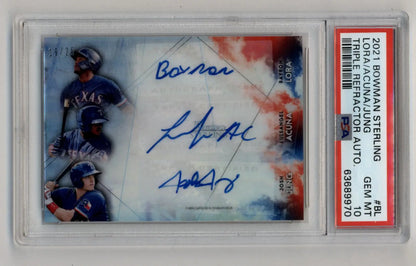 Baseball trading card featuring Luisangel Acuna, Bayron Lora, Josh Jung Bowman Sterling Triple Refractor Auto PSA 10