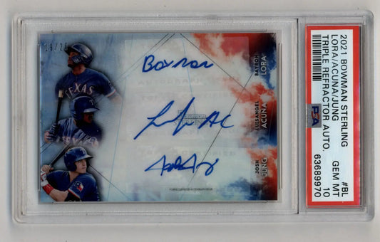 Baseball trading card featuring Luisangel Acuna, Bayron Lora, Josh Jung Bowman Sterling Triple Refractor Auto PSA 10