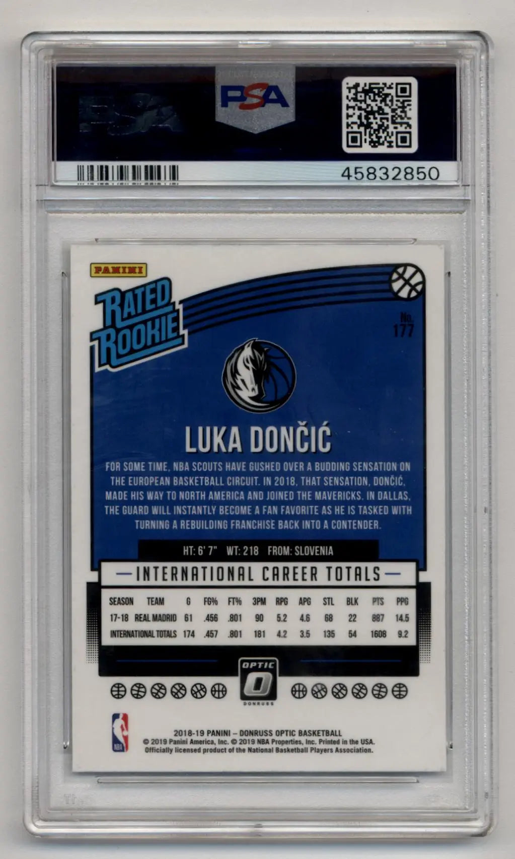 Luka Doncic Donruss Optic Rookie card graded PSA 10 Gem Mint in protective case