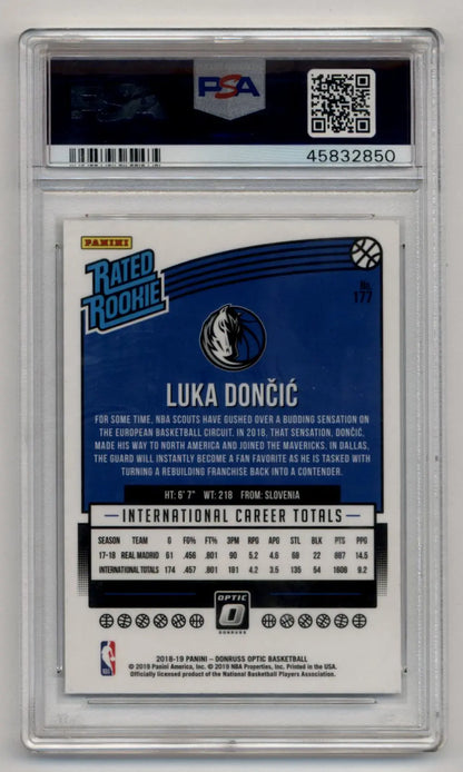 Luka Doncic Donruss Optic Rookie card graded PSA 10 Gem Mint in protective case