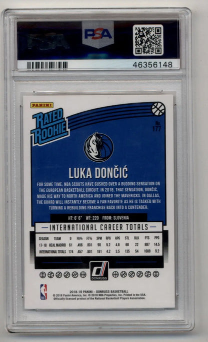 Luka Doncic 2018-19 Donruss Rookie Card PSA 10 Gem Mint featuring graded basketball trading card