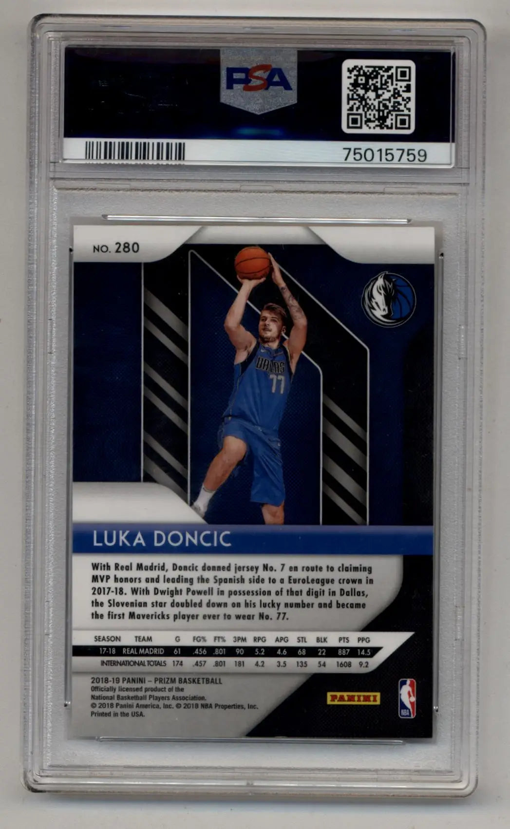 Luka Doncic rookie basketball card graded Gem Mint PSA 10 from 2018-19 Prizm series